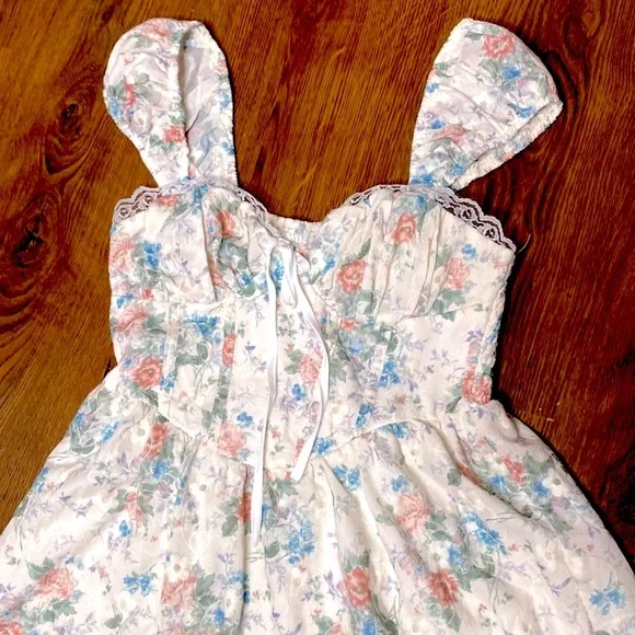 🎀 Blue & Pink Floral Babydoll Dress w/ White Floral Embroidery Overlay 🎀 NWT - Picture 3 of 11